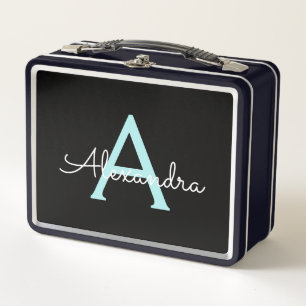 Aqua Teal Blue Script Girly Monogram Name Metal Lunch Box
