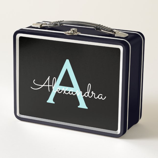 Aqua Teal Blue Script Girly Monogram Name Metal Lunch Box (Front)