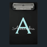 Aqua Teal Blue Script Girly Monogram Name Mini Clipboard<br><div class="desc">Black and Aqua Teal Blue Name Planning Clipboard. This makes the perfect sweet 16 birthday,  wedding,  bridal shower,  anniversary,  baby shower or bachelorette party gift for someone that loves glam luxury and chic styles.</div>