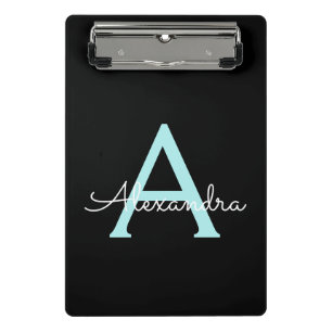 Aqua Teal Blue Script Girly Monogram Name Mini Clipboard