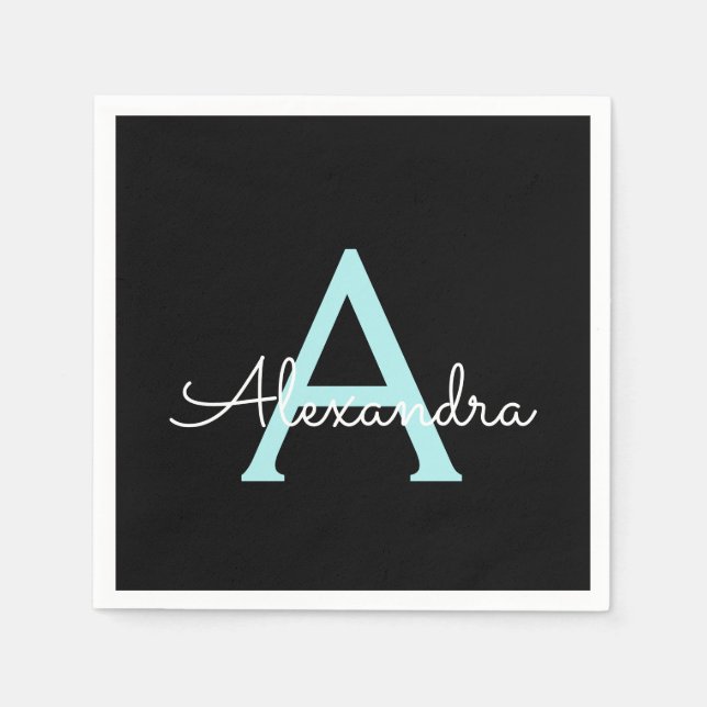 Aqua Teal Blue Script Girly Monogram Name Napkin (Front)