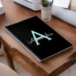 Aqua Teal Blue Script Girly Monogram Name Notebook<br><div class="desc">Black and Aqua Blue Teal Simple Script Monogram Name Spiral Notebook Planner. This makes the perfect sweet 16 birthday,  wedding,  bridal shower,  anniversary,  baby shower or bachelorette party gift for someone that loves glam luxury and chic styles.</div>
