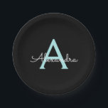 Aqua Teal Blue Script Girly Monogram Name Paper Plate<br><div class="desc">Aqua Teal Blue and Black Monogram Add Your Own Name Script Party Plates. This makes the perfect sweet 16 birthday,  wedding,  bridal shower,  anniversary,  baby shower or bachelorette party gift for someone that loves glam luxury and chic styles.</div>