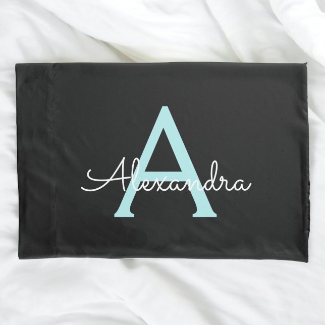 Aqua Teal Blue Script Girly Monogram Name Pillowcase (Creator Uploaded)