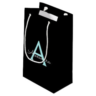 Aqua Teal Blue Script Girly Monogram Name Small Gift Bag