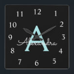 Aqua Teal Blue Script Girly Monogram Name Square Wall Clock<br><div class="desc">Aqua Blue Teal and Black Script Monogram Name Clock. This makes the perfect sweet 16 birthday,  wedding,  bridal shower,  anniversary,  baby shower or bachelorette party gift for someone that loves glam luxury and chic styles.</div>