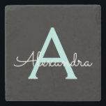 Aqua Teal Blue Script Girly Monogram Name Stone Coaster<br><div class="desc">Black and Aqua Teal Blue Simple Script Monogram Name Stone Tile. This makes the perfect graduation,  sweet 16 birthday,  wedding,  bridal shower,  anniversary,  baby shower or bachelorette party gift for someone that loves glam luxury and chic styles.</div>