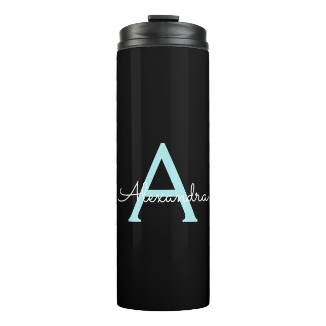 Aqua Teal Blue Script Girly Monogram Name Thermal Tumbler (Front)
