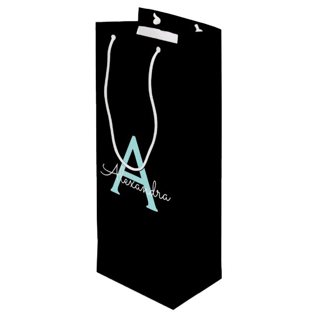 Aqua Teal Blue Script Girly Monogram Name Wine Gift Bag (Back Angled)