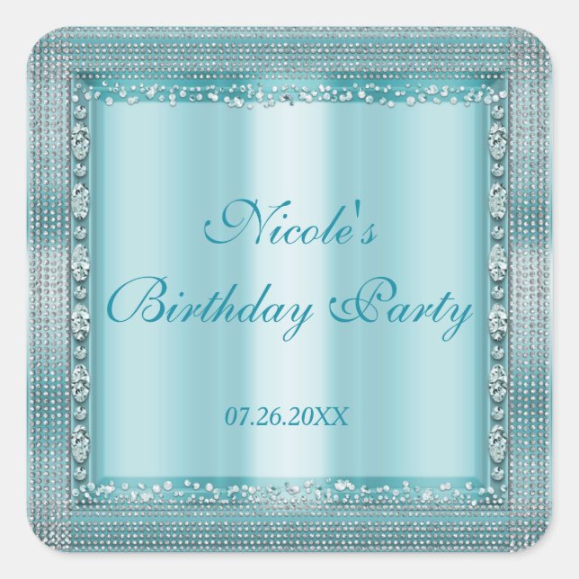 Aqua Teal Blue & Silver Diamond Bling Party Favour Square Sticker (Front)