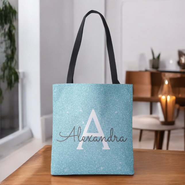Aqua Teal Blue Sparkle Elegant Monogram Book Bag (Creator Uploaded)