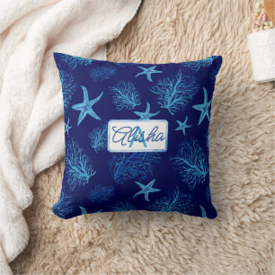 Aqua-teal blue starfish-coral-custom monogram-name cushion
