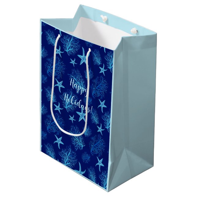 Aqua-teal blue starfish-coral-w custom medium gift bag (Front Angled)