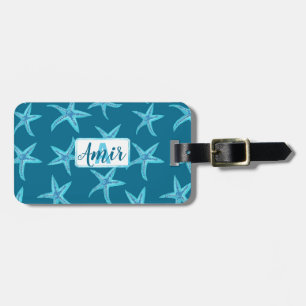 Aqua-teal-blue starfish watercolor-custom monogram luggage tag