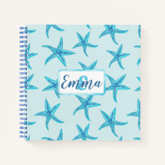 Aqua-teal blue starfish watercolor-custom monogram notebook
