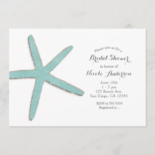 Aqua Teal Blue Starfish White Beach Bridal Shower Invitation