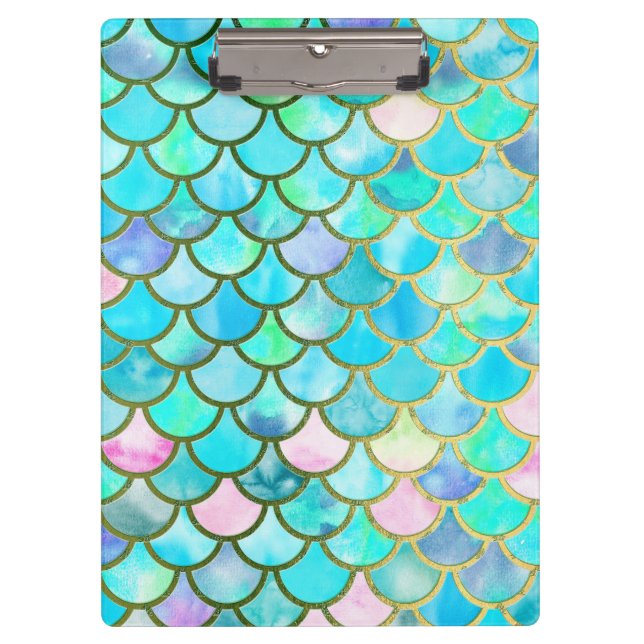 Aqua Teal Blue Watercolor Mermaid Scales Pattern Clipboard (Front)