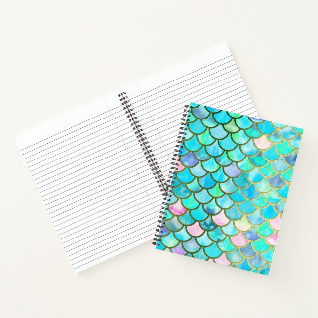 Aqua Teal Blue Watercolor Mermaid Scales Pattern Notebook (Inside)