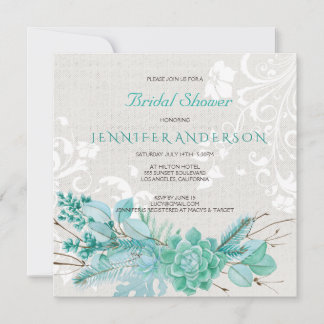 Aqua Teal Blue Watercolor Succulent Bridal Shower Invitation