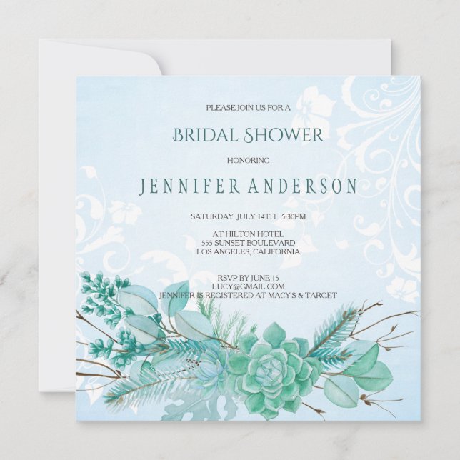Aqua Teal Blue Watercolor Succulent Bridal Shower Invitation (Front)