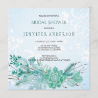 Aqua Teal Blue Watercolor Succulent Bridal Shower