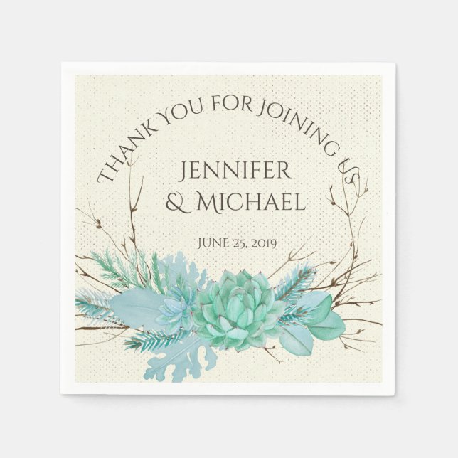Aqua Teal Blue Watercolor Succulent Wedding Custom Napkin (Front)
