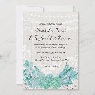 Aqua Teal Blue Watercolor Succulent Wedding Invite