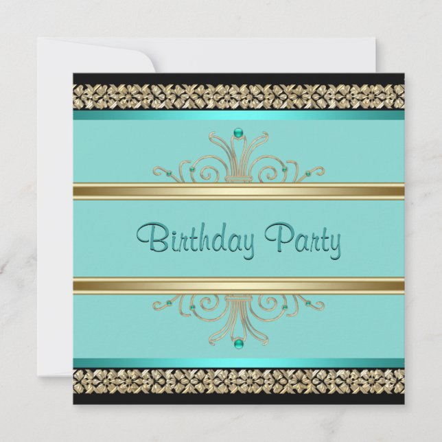 Aqua Teal Blue Womans Black Gold Birthday Party Invitation (Front)