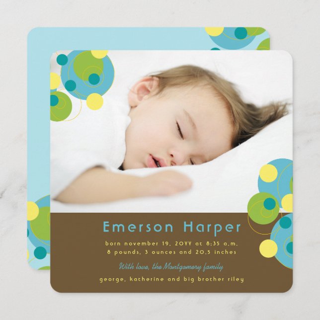 Aqua Teal Bubbly Pop Retro Circles Baby Boy Photo Holiday Card (Front/Back)