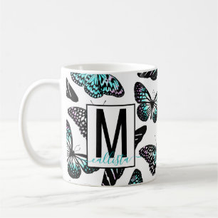 Aqua Teal Butterflies Watercolor Pattern Monogram Coffee Mug