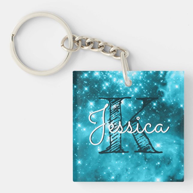 Aqua Teal Celestial Starry Monogram Key Ring (Front)