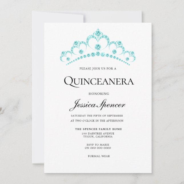 Aqua Teal Diamond Tiara Quinceanera Invite (Front)