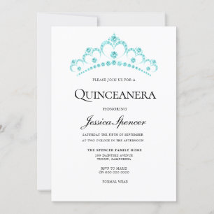 Aqua Teal Diamond Tiara Quinceanera Invite