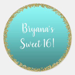 Aqua Teal Dipped Gold Glitter Glam Sparkle Party Classic Round Sticker