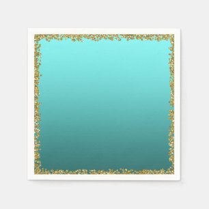 Aqua Teal Dipped Gold Glitter Glam Sparkle Party Napkin