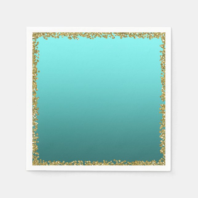 Aqua Teal Dipped Gold Glitter Glam Sparkle Party Napkin (Front)