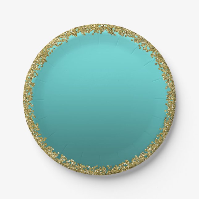 Aqua Teal Dipped Gold Glitter Glam Sparkle Party Paper Plate (Front)