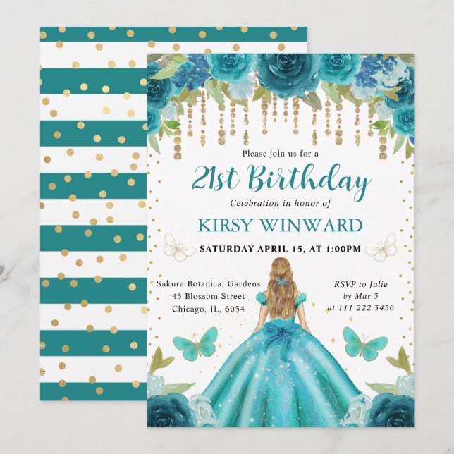 Aqua & Teal Dress Blonde Princess 21st Birthday Invitation (Front/Back)