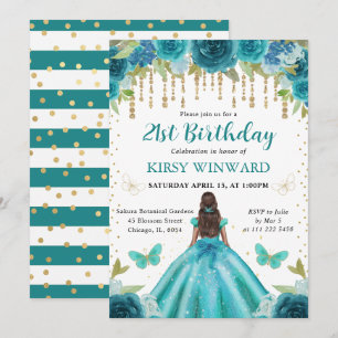 Aqua & Teal Dress Dark Skin Princess 21st Birthday Invitation