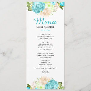 Aqua Teal Floral Beach Wedding Dinner Menu