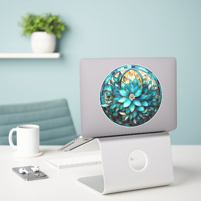 Aqua Teal Flower Stained Glass Style Painting (Laptop On Desk)