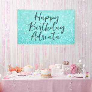 Aqua Teal Glitter Happy Birthday Personalised Banner