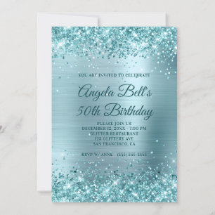 Aqua Teal Glitter Pale Blue Foil 50th Birthday Invitation
