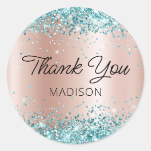 Aqua Teal Glitter Rose Gold Shimmer Thank You Classic Round Sticker