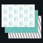 Aqua Teal Glitter Sweet 16 Personalised Turquoise Wrapping Paper Sheet<br><div class="desc">A set of sweet 16 birthday party wrapping paper sheets with turquoise aqua blue glitter and one sheet personalised with the name of the birthday girl turning sixteen. Type the name once and it will fill in the repeating pattern of large gold 16 and "Happy Birthday" text.</div>