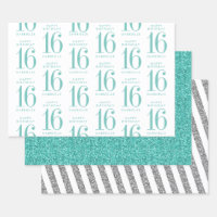 Aqua Teal Glitter Sweet 16 Personalised Turquoise
