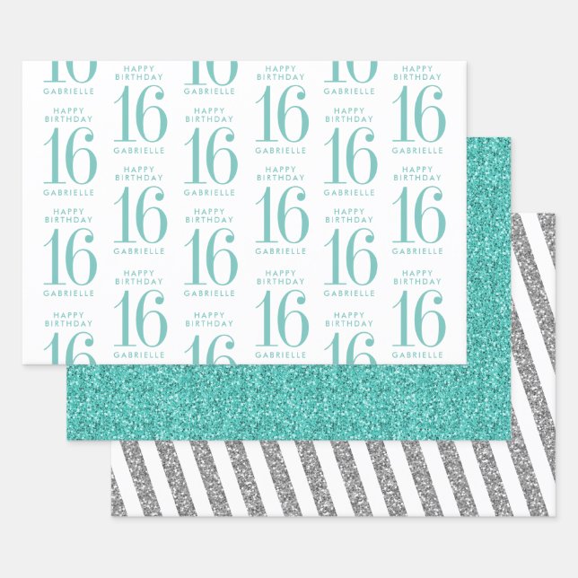 Aqua Teal Glitter Sweet 16 Personalised Turquoise Wrapping Paper Sheet (Set)