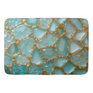 Aqua Teal Gold Mosaic Watercolor Sea Glass pattern Bath Mat