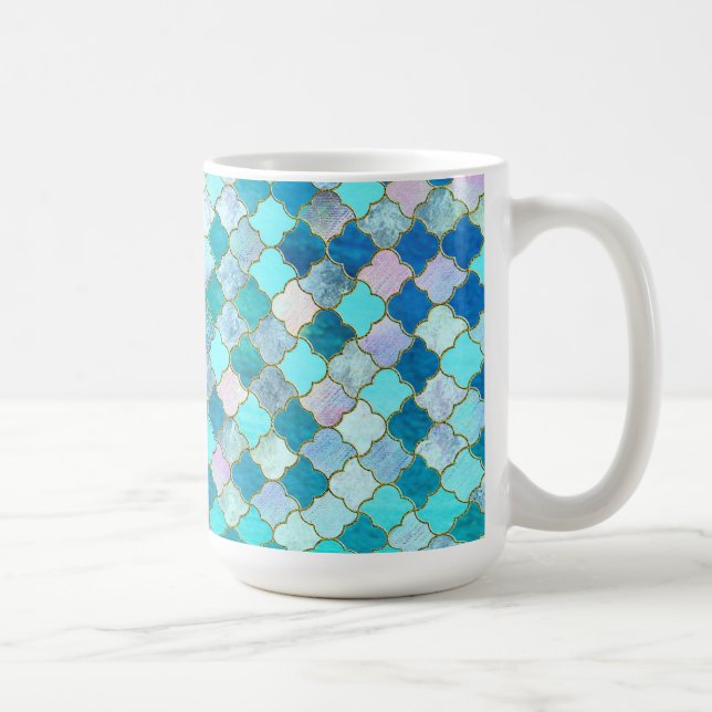 Aqua Teal Gold Oriental Moroccan Tile pattern Coffee Mug (Right)