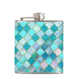 Aqua Teal Gold Oriental Moroccan Tile pattern Hip Flask